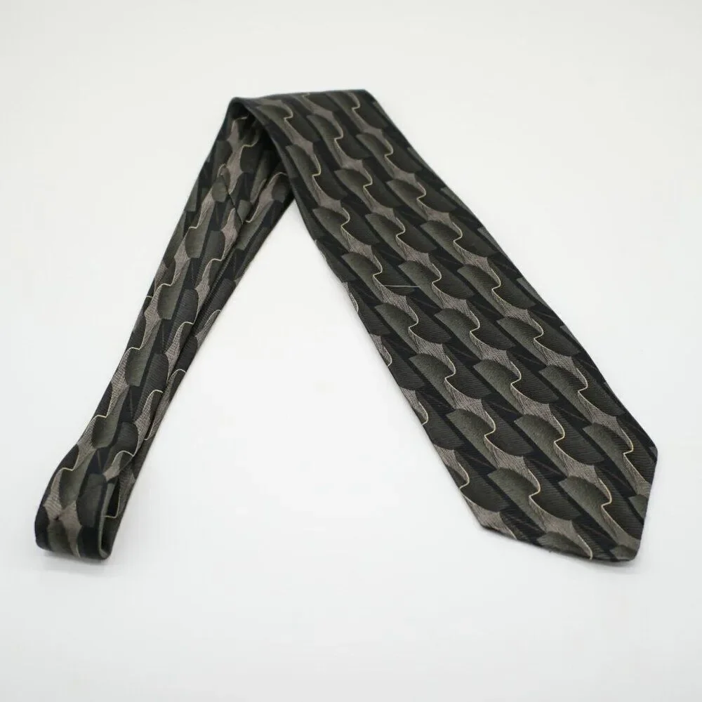 J. Ferrar Abstract Green Tan Jacquard‎ Print Short Wide Silk Tie